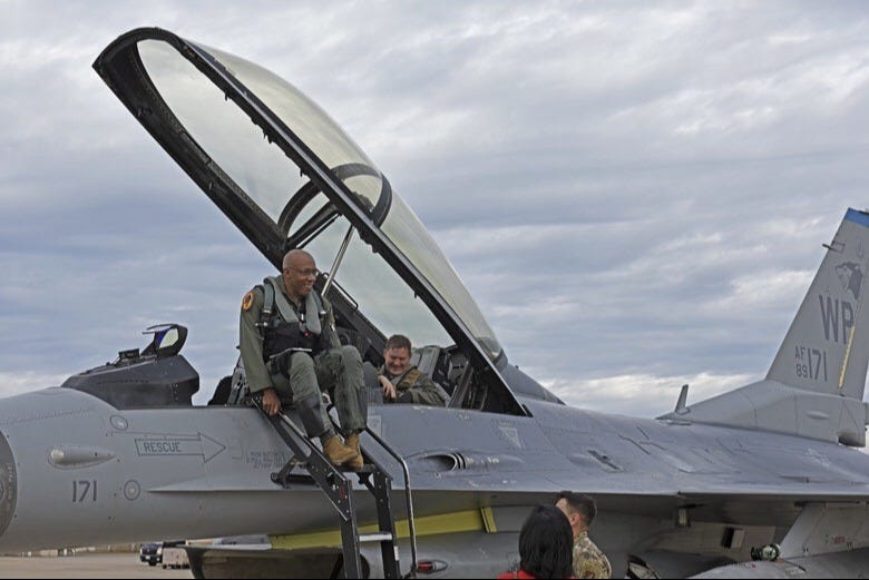 General CQ Brown exits the cockpit of an F-16 "Fighting Falcon" jet in Kunsan, South Korea (June 7. 2018) General CQ Brown exits the cockpit of an F-16 "Fighting Falcon" jet in Kunsan, South Korea (June 7. 2018)