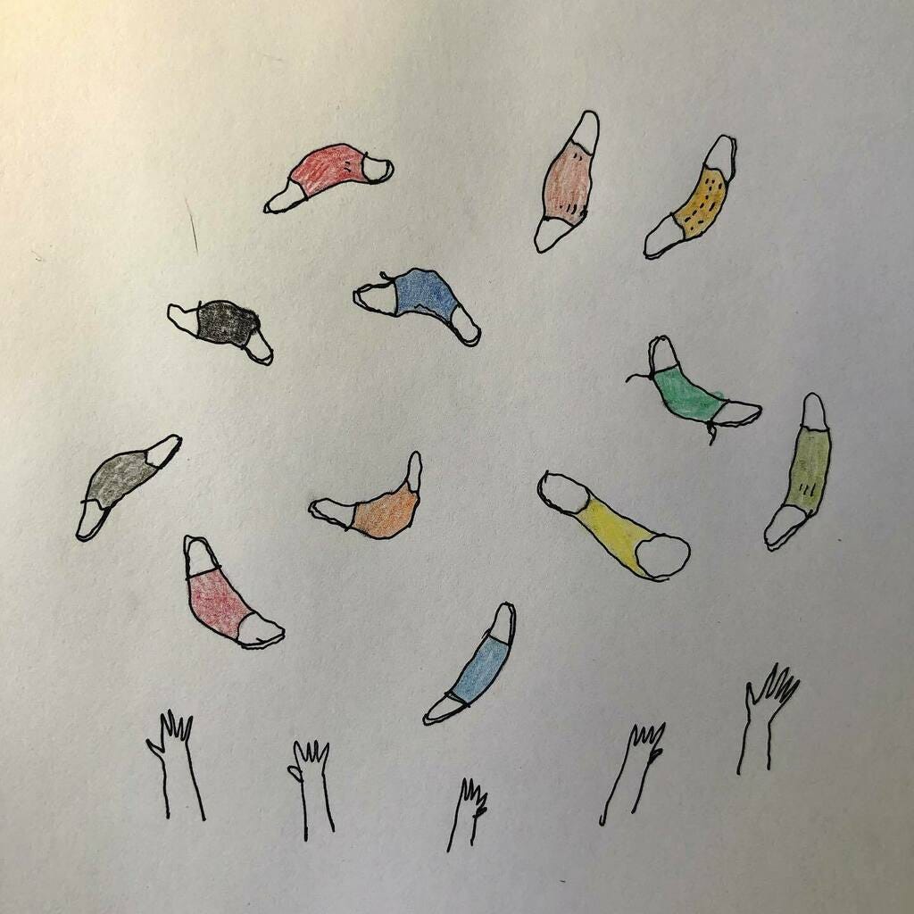 A simple pen and crayon illustration of facemasks being tossed joyously into the air. A simple pen and crayon illustration of facemasks being tossed joyously into the air.