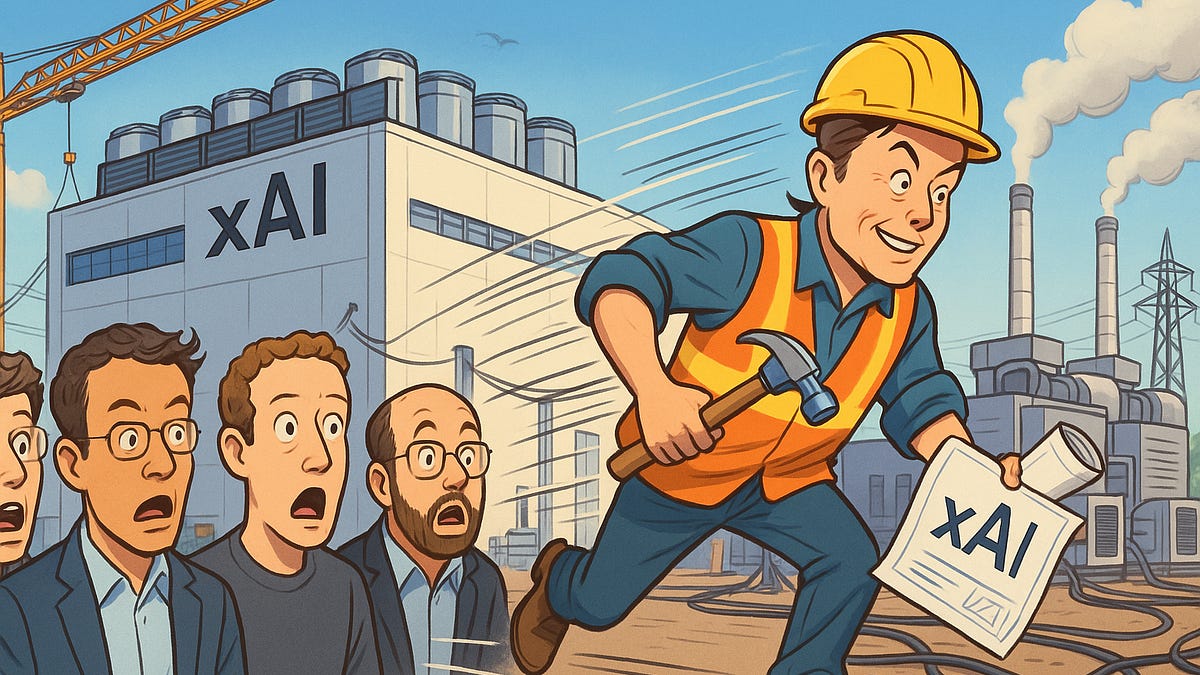 Aerial shot of xAI Colossus 2 warehouse in Memphis with power lines to Mississippi turbines