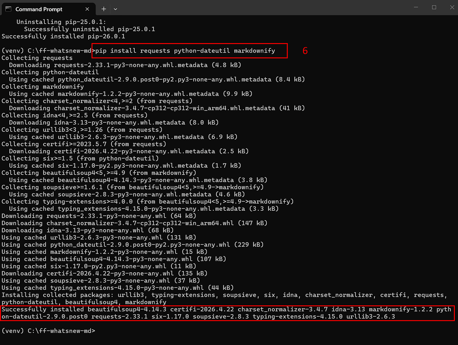 Screenshot of the Windows Command Prompt with the virtual environment active, showing the command "pip install requests python-dateutil markdownify" highlighted with red annotation 6. The terminal displays the download and collection of multiple packages and their dependencies, ending with a "Successfully installed" line outlined in red listing all installed packages including beautifulsoup4, certifi, markdownify, requests, and others.