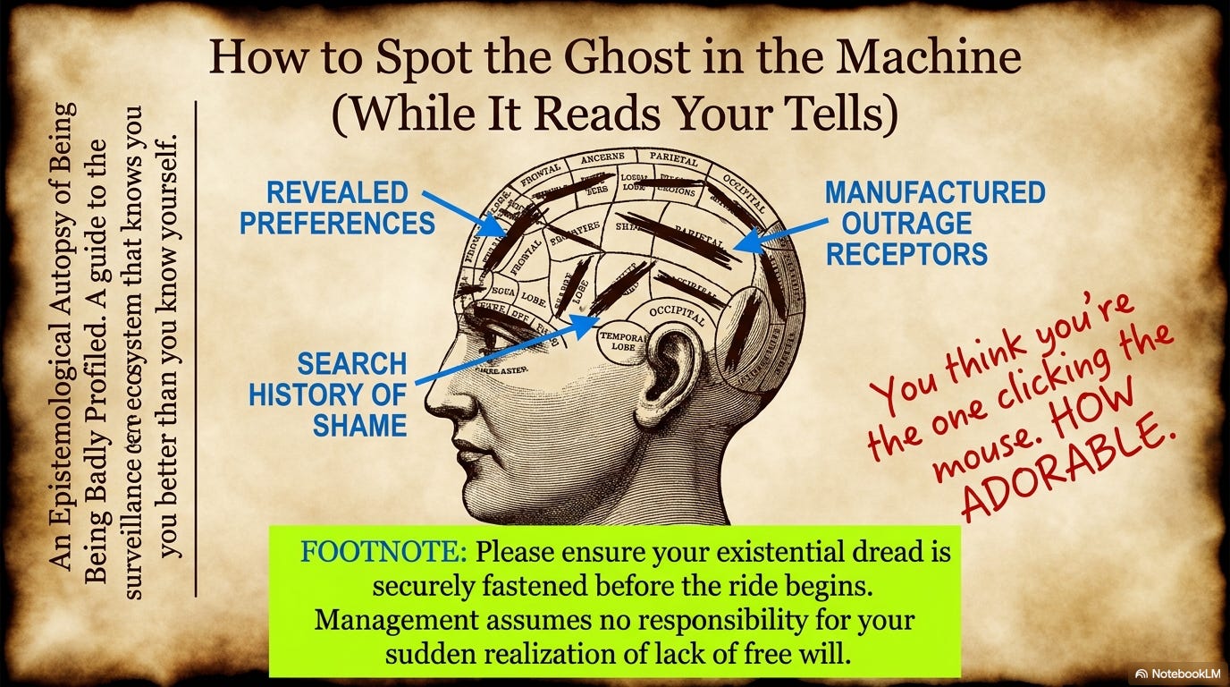 Faux-vintage phrenology diagram of a human head with regions labeled "Revealed Preferences," "Search History of Shame," and "Manufactured Outrage Receptors." Margin note reads, "You think you're the one clicking the mouse. HOW ADORABLE." Footer warns the reader to fasten their existential dread before the ride.