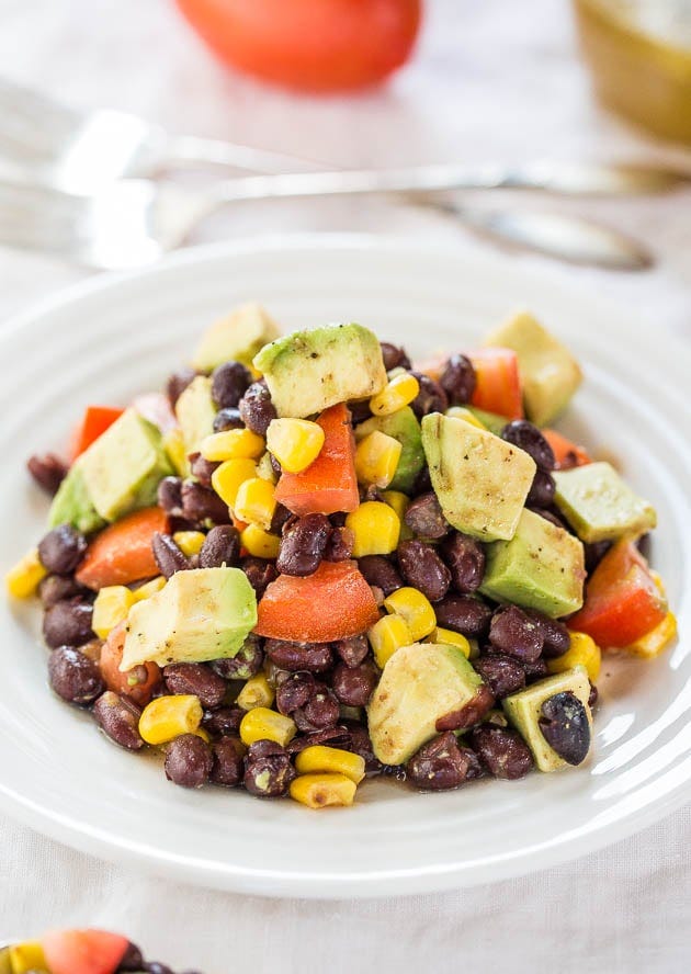 Black Bean Corn Avocado Salad in white bowl 