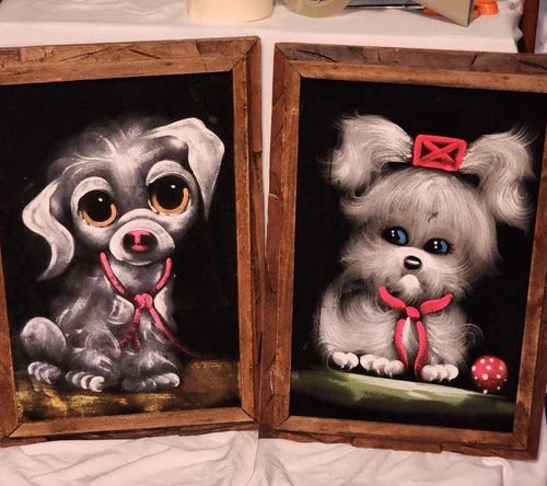 Set 2 VTG MCM Black Velvet Dog Paintings Framed Big Eyed / Upset Puppy - Picture 1 of 18