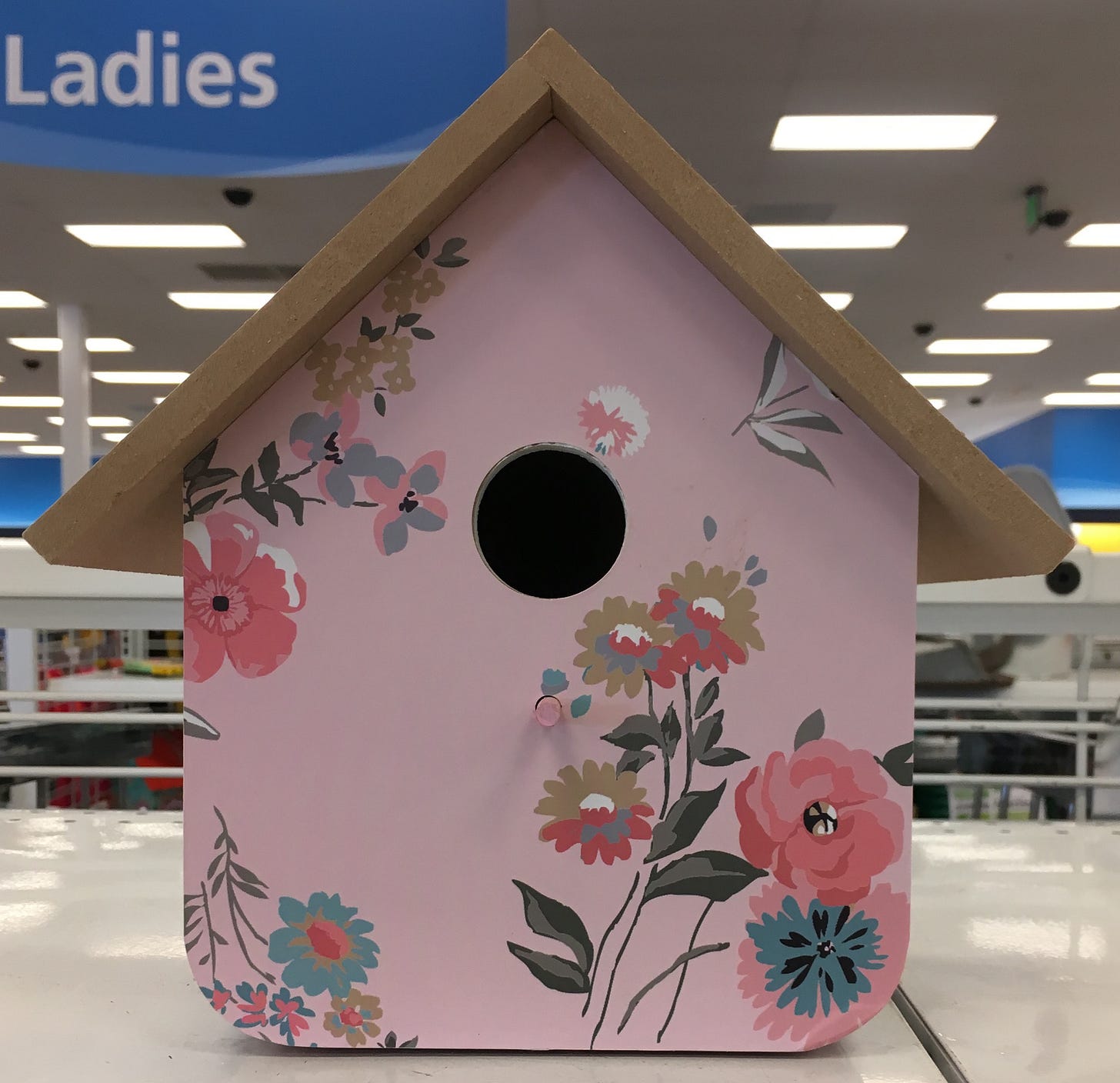 Photo of a pink birdhouse painted with illustrations of flowers sitting on a shelf in a store.