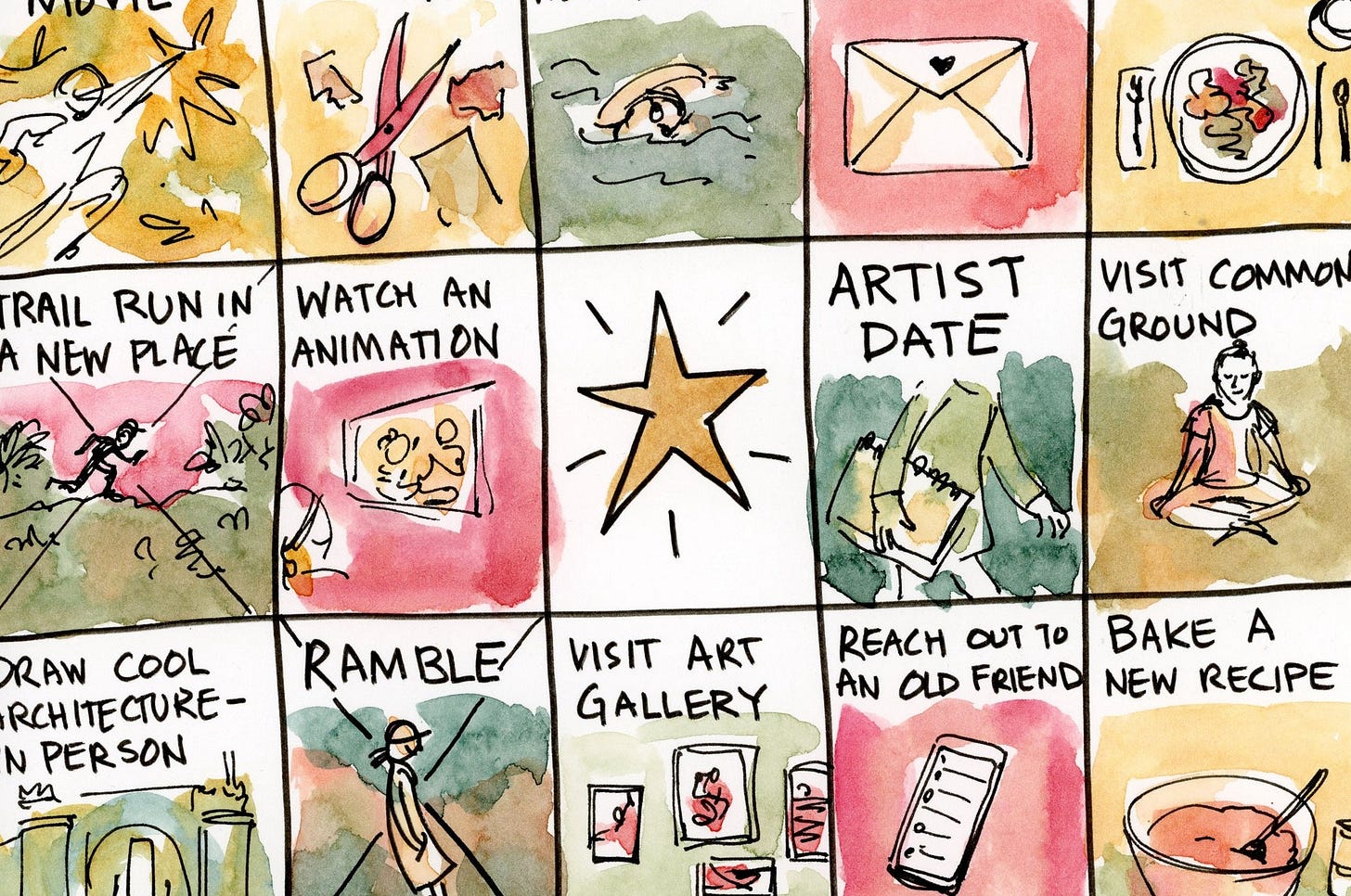 Watercolor and ink Joy Bingo by Graphic Novelist K. Woodman-Maynard. 