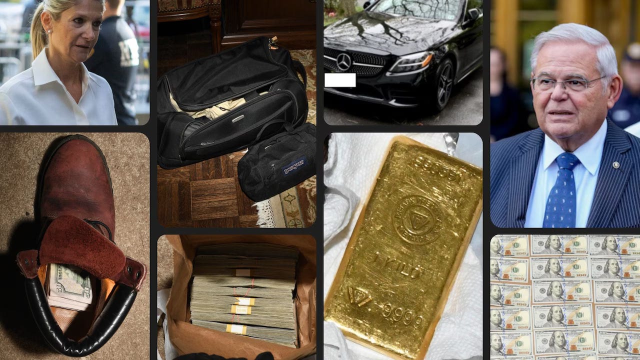 A collage of evidence photos from the FBI raid at the home of Senator Robert Menendez (D-NJ) showing an array of luxury items, gold bars, and cash stored in odd locations around the house. A collage of evidence photos from the FBI raid at the home of Senator Robert Menendez (D-NJ) showing an array of luxury items, gold bars, and cash stored in odd locations around the house.