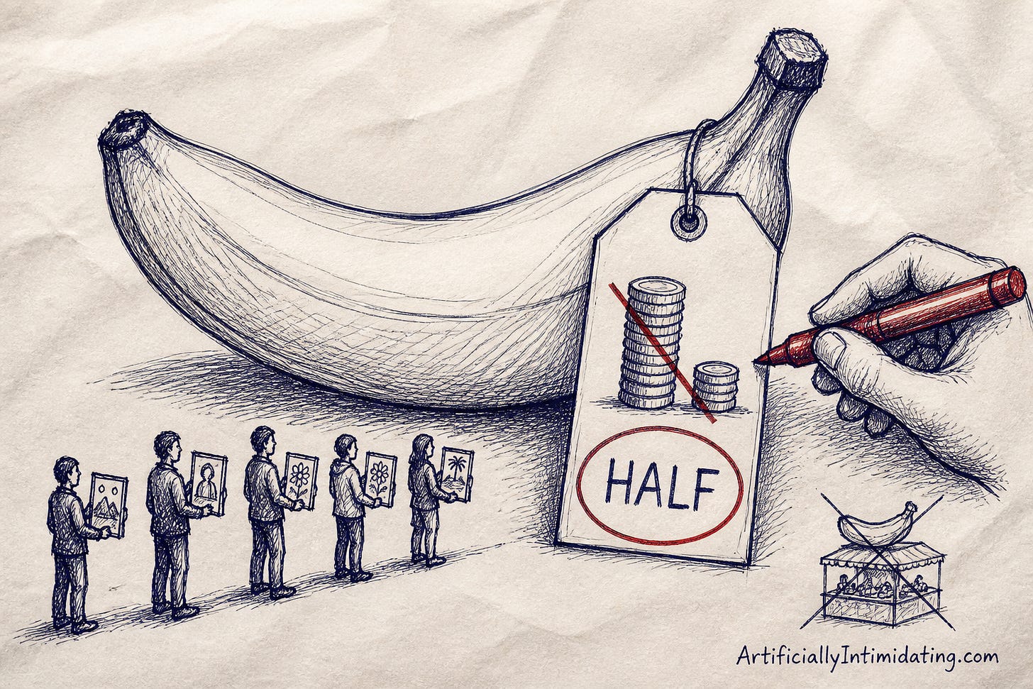 A giant banana with a price tag a red marker is slashing in half while a row of tiny people holding framed pictures line up below.