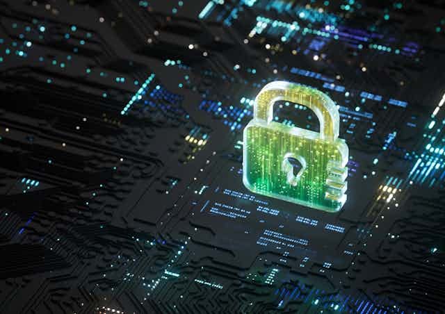 A digital rendering of a lock glowing over lines of computer code