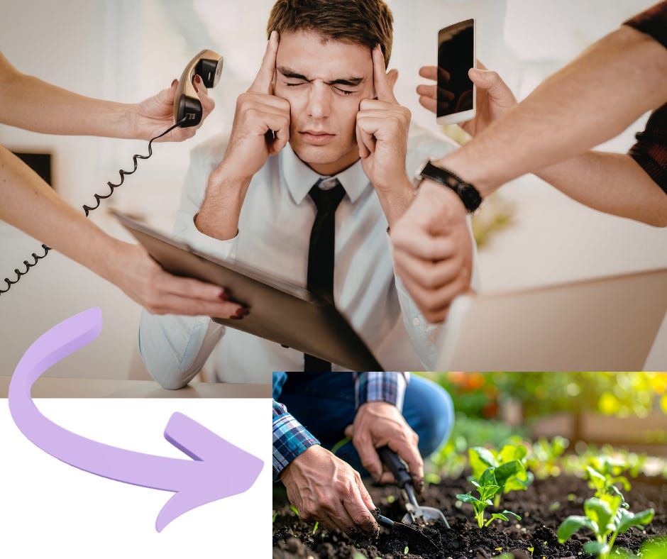 A man being bombarded by hands with phones and computers then an arrow pointing to hands planting in a garden
