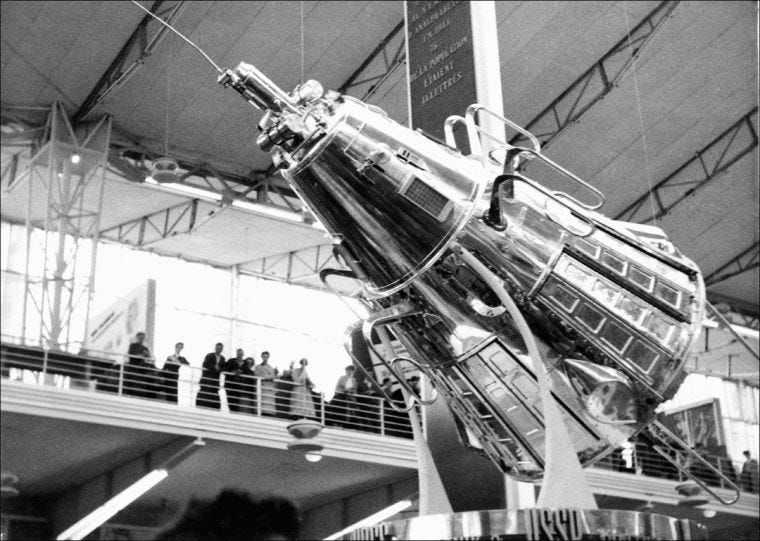 BRUSSELS, BELGIUM - JANUARY 1: File picture dated 1958, of the Russian rocket Sputnik III, presented in Brussels during an international show. (Photo credit should read DSK/AFP via Getty Images) BRUSSELS, BELGIUM - JANUARY 1: File picture dated 1958, of the Russian rocket Sputnik III, presented in Brussels during an international show. (Photo credit should read DSK/AFP via Getty Images)