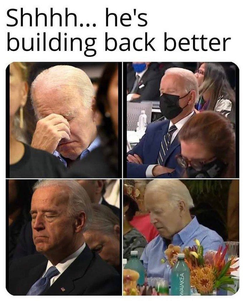 May be an image of 5 people and text that says 'Shhhh... he's building back better h'