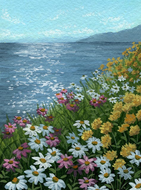 Painting 1: A robin sitting on a cherry tree branch, Painting 2: A seascape with sun reflecting on the water and flowers in the foreground, Painting 3: A still life of tulips in a glass vase