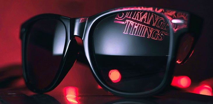 Photo of a pair of dark sunglasses.