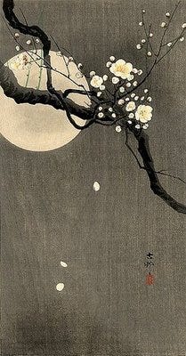 Japanese print of a plum blossom branch flowering in front of a full moon