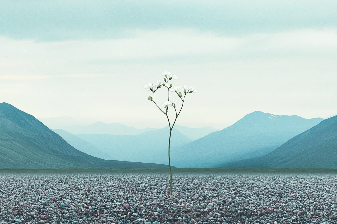 a white flower in the middle of a desolate landscape