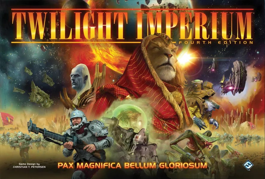 The cover of Twilight Imperium 4th Edition, with a dramatic movie poster layout featuring a spacey backdrop, a blue guy with a huge forehead, a space-lion in royal robes, and soldiers of various human or alien armies.