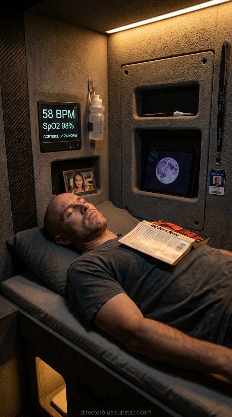 same subject new image please - Hyper-detailed 9x16 photographic image promptUltra-realistic photographic scene 9x16 vertical format Interior of the same cramped underground habitat berth from Vignette 1  coffin-sized sleeping alcove carved _image_1