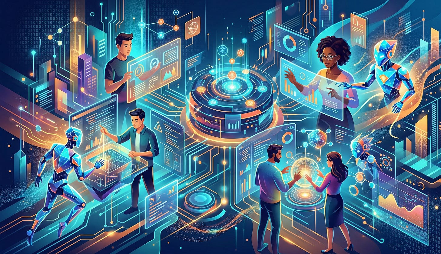 Abstract illustration of AI agents working with humans in a digital workplace environment