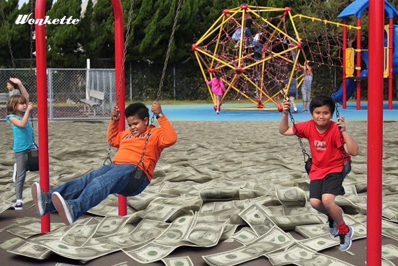 Photo of children playing on swings, digitally altered to add ridiculously large US currency covering the ground of the playground Photo of children playing on swings, digitally altered to add ridiculously large US currency covering the ground of the playground