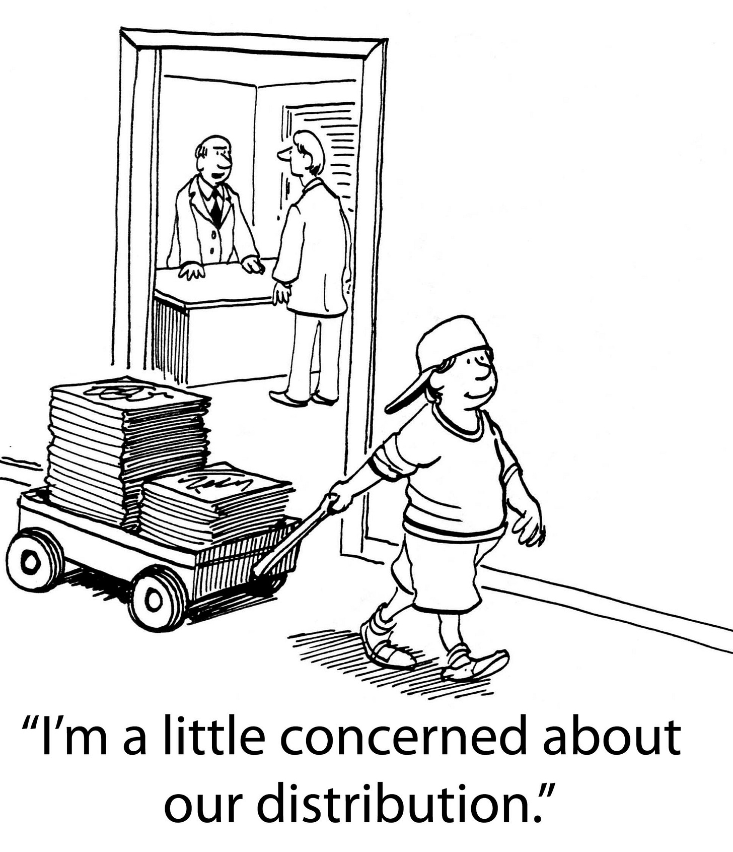 cartoon of boy wheeling magazines down hall