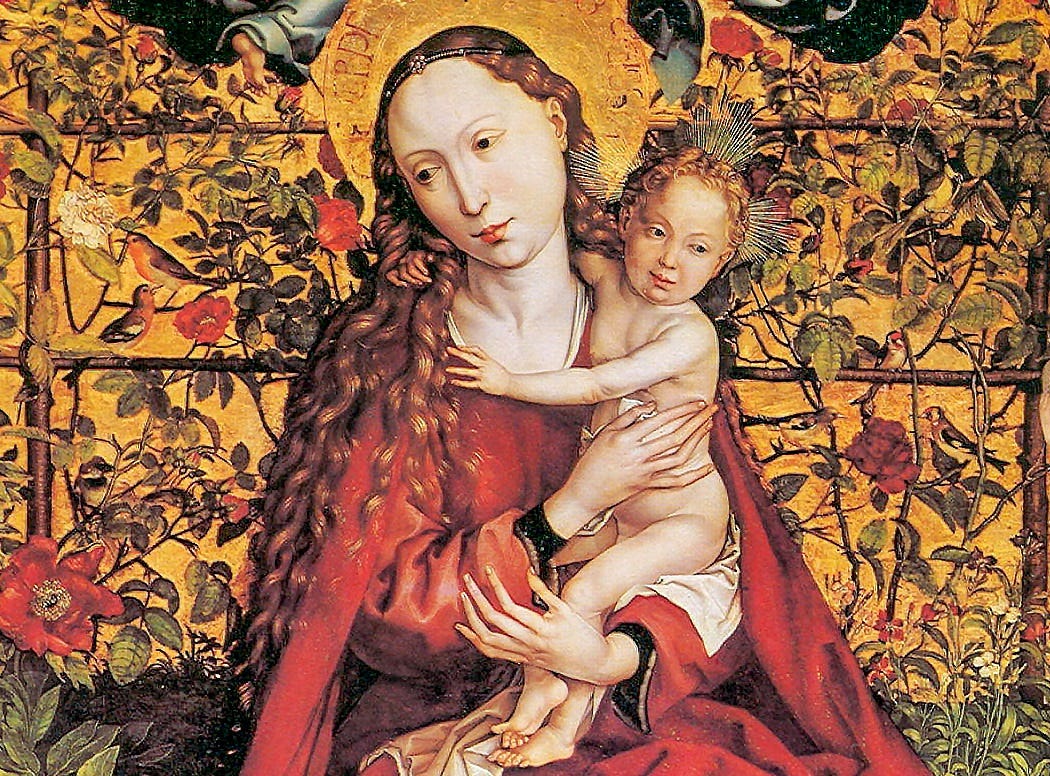 File:Martin Schongauer Madonna in Rose Garden with birds (detail).jpg -  Wikimedia Commons
