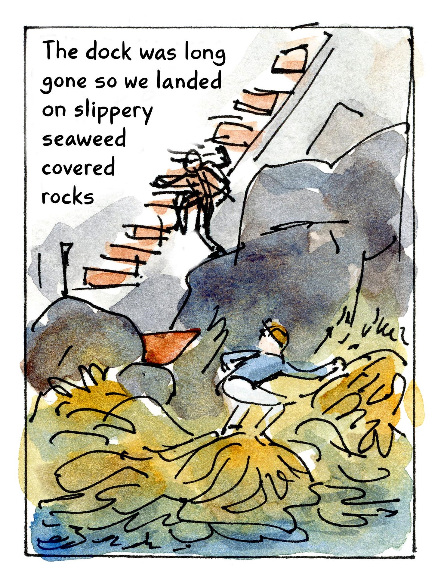 K. Woodman-Maynard, watercolor comic, exploring an abandoned island in Maine. Panel 3 text reads: “The dock was long gone so we landed on slippery seaweed covered rocks.” 