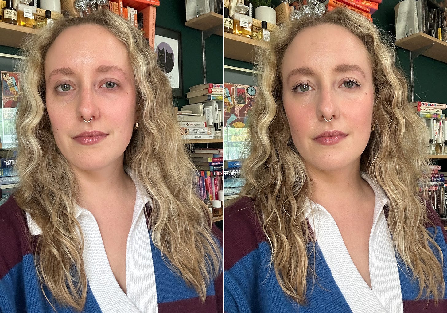 Before and after applying Merit's SPF The Uniform