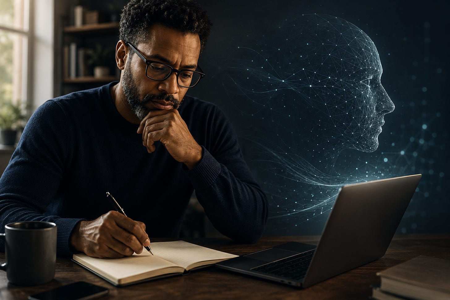 Black male creator writing in a notebook beside a laptop, with a glowing digital human profile representing AI in the background, illustrating human judgment and AI-assisted creative work. Black male creator writing in a notebook beside a laptop, with a glowing digital human profile representing AI in the background, illustrating human judgment and AI-assisted creative work.