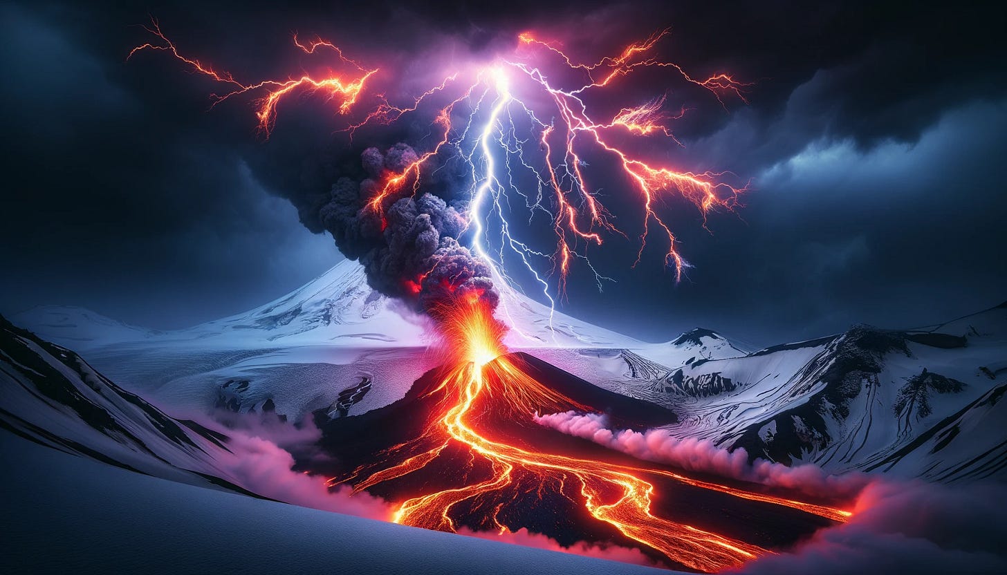 A dramatic scene of fiery lightning striking a snow-covered mountain with lava flowing down from an erupting volcano. The lightning is infused with flames, creating a vivid display of fire in the sky. The stormy, dark sky highlights the contrast between the fiery lightning, glowing lava, and pristine snow. The intense heat of the lava melts the snow in some areas, creating steam and adding to the chaotic atmosphere. The overall scene is both awe-inspiring and terrifying, showcasing the raw power and diverse forces of nature at work simultaneously.