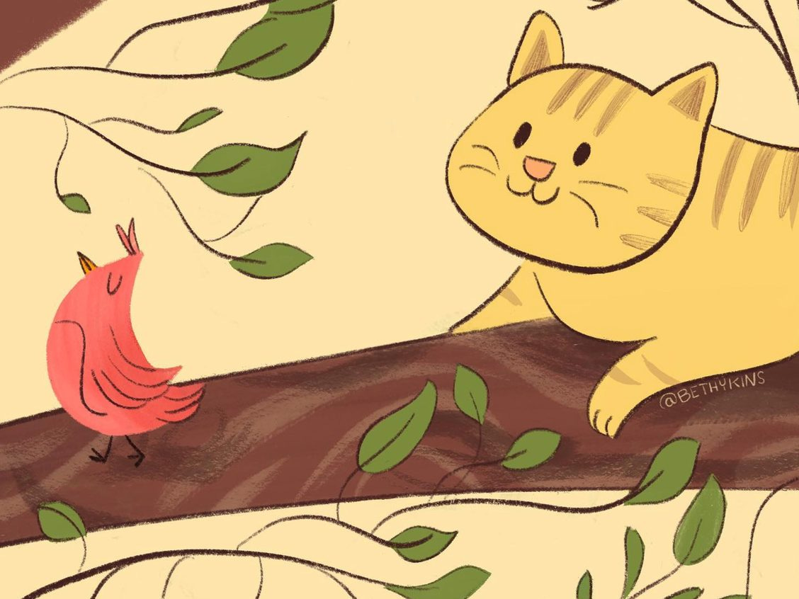 confident bird walking away from an eager kitty
