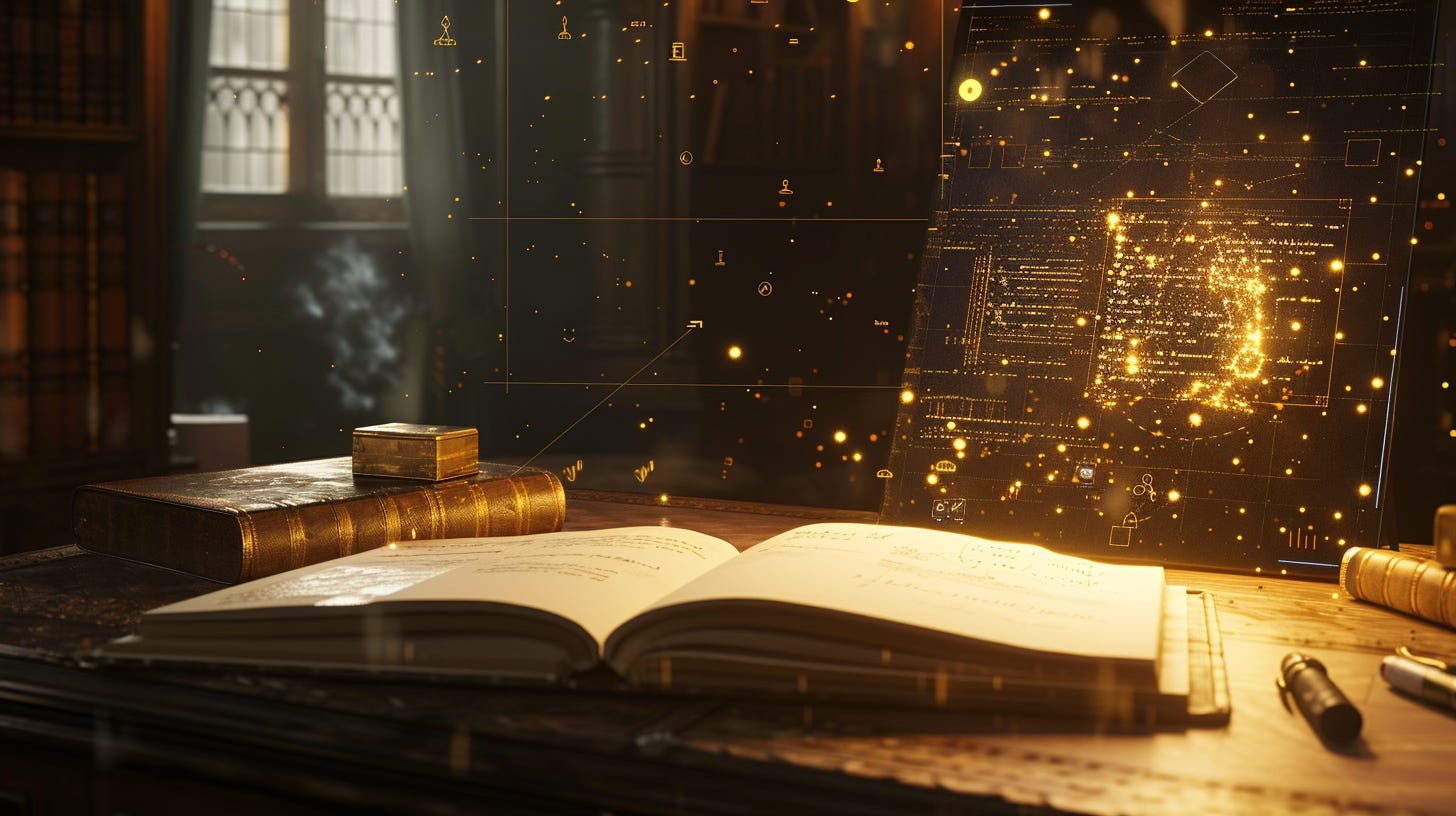 A journal open on a tabletop in an old world workshop. A glowing, sparking "display" floats over it.