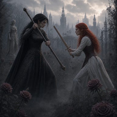 Clarion wielding a staff and Ireena with a wooden sword, sparring in the misty Barovian garden, Ireena with her trademark red hair