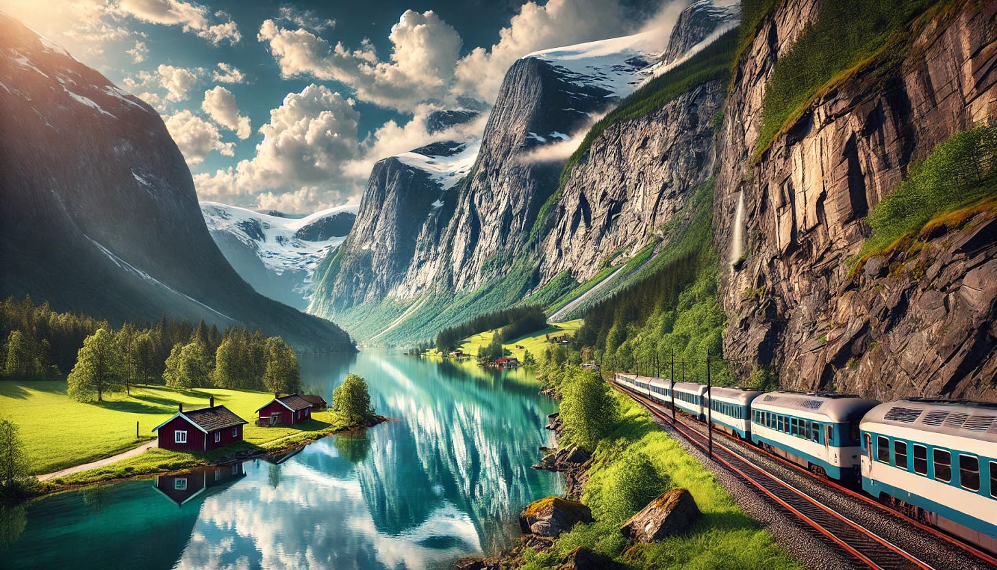 A realistic, breathtaking scene of a train passing beside Lake Lovatnet in Norway. The image captures the pristine blue-green lake surrounded by majestic mountains, dense forests, and lush greenery under a cloudy yet vibrant sky. Reflections of the towering cliffs and snowy peaks mirror off the tranquil lake surface. The train moves along the track parallel to the lake, with a few scenic wooden cottages nearby. The scene is realistic, serene, and awe-inspiring, conveying the beauty of Norway’s landscape in a highly detailed, lifelike manner.