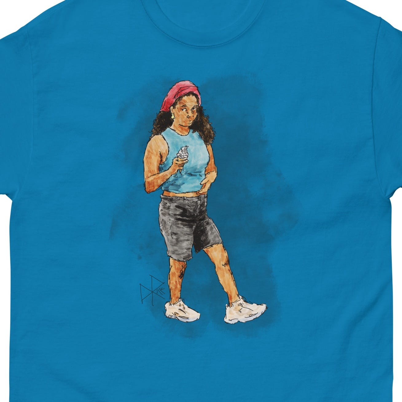 A girl wearing shorts and a tank top walks with a soft-serve cone in her hand. Sketch art by Don Rice. A girl wearing shorts and a tank top walks with a soft-serve cone in her hand. Sketch art by Don Rice.