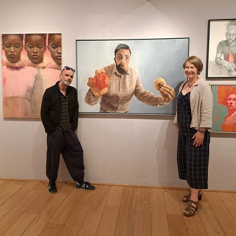 Pictures of Gail's work. Portrait of Cato Pedder, The models with The Raft Of The Medusa, Gail and Katie Hessel at her book launch, with Markus Bell in front of Amit Ghose's portrait, with Dungscape in progress, with the weaver I sketched in Marakech