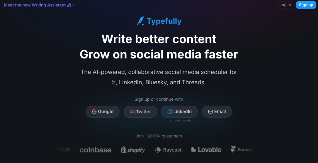 Typefully landing page for an AI-powered social media scheduler used to publish newsletter ideas on X, LinkedIn, Bluesky, and Threads