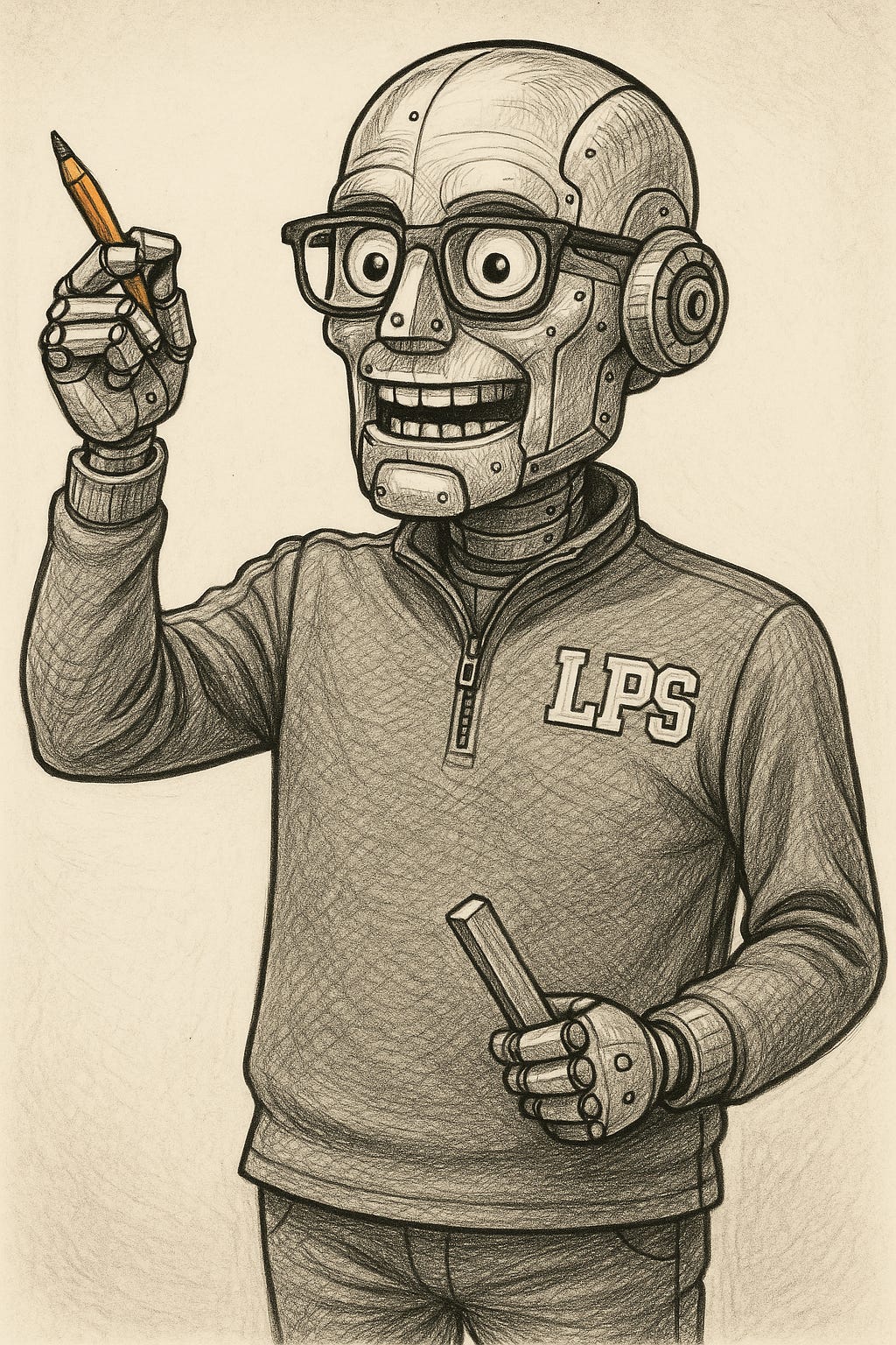 Hand-drawn caricature of a man depicted as a humanoid robot, wearing thick black-framed glasses and a green quarter-zip sweater with "LPS" on the chest. The robot has a metallic face with rivets, visible teeth, and expressive eyebrows, holding an orange pencil in its raised right hand and a wooden stick in its left. The background is plain beige, focusing attention on the figure.