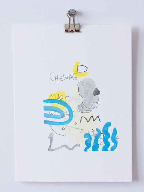 Six small paintings on paper in graphite, yellow, blue and gold.