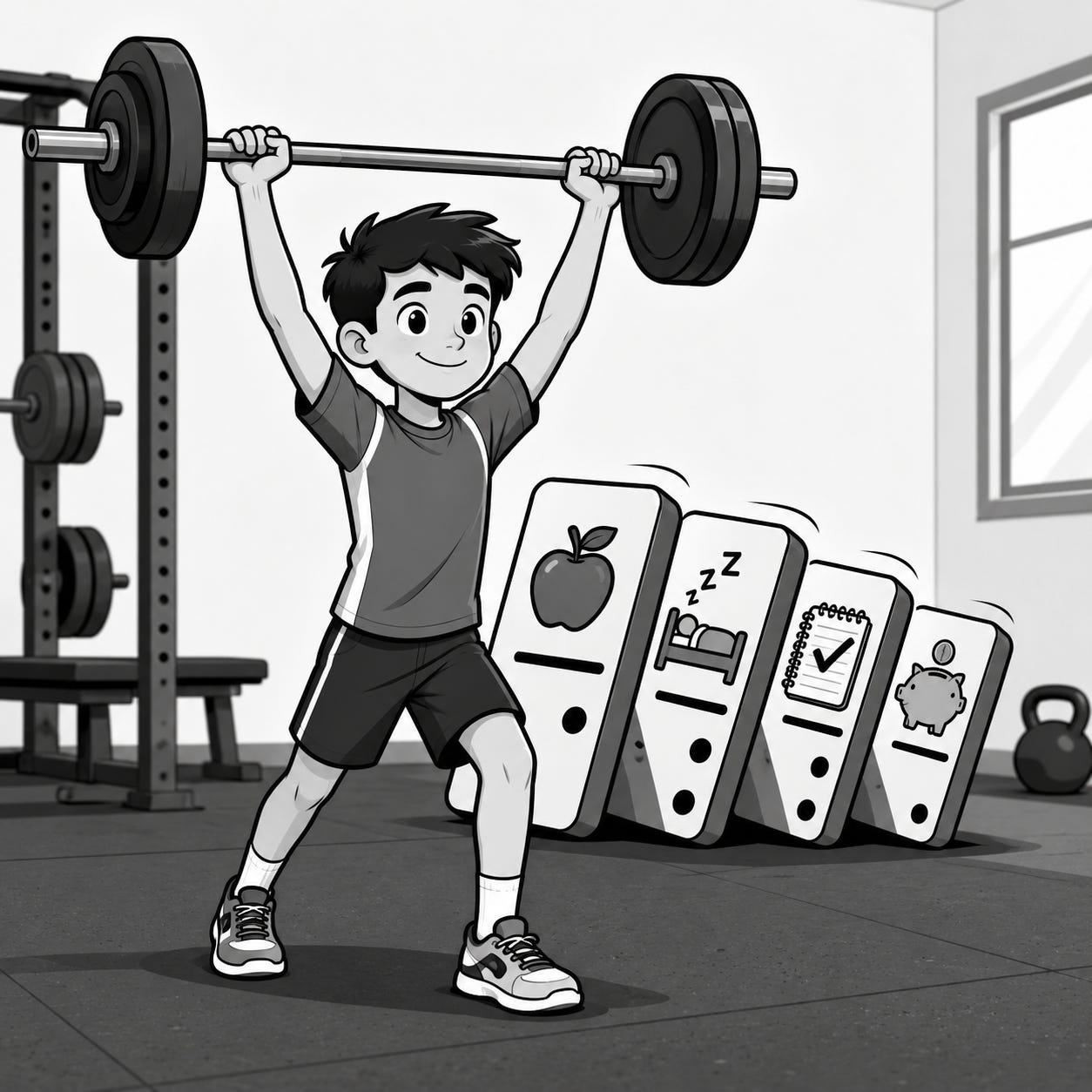 Black and white cartoon of a young athlete pressing a barbell overhead in a gym as dominoes fall behind him showing an apple, sleep, completed homework, and a piggy bank — the keystone habit chain reaction from Mighty Oak Athletic in Westmont, IL.