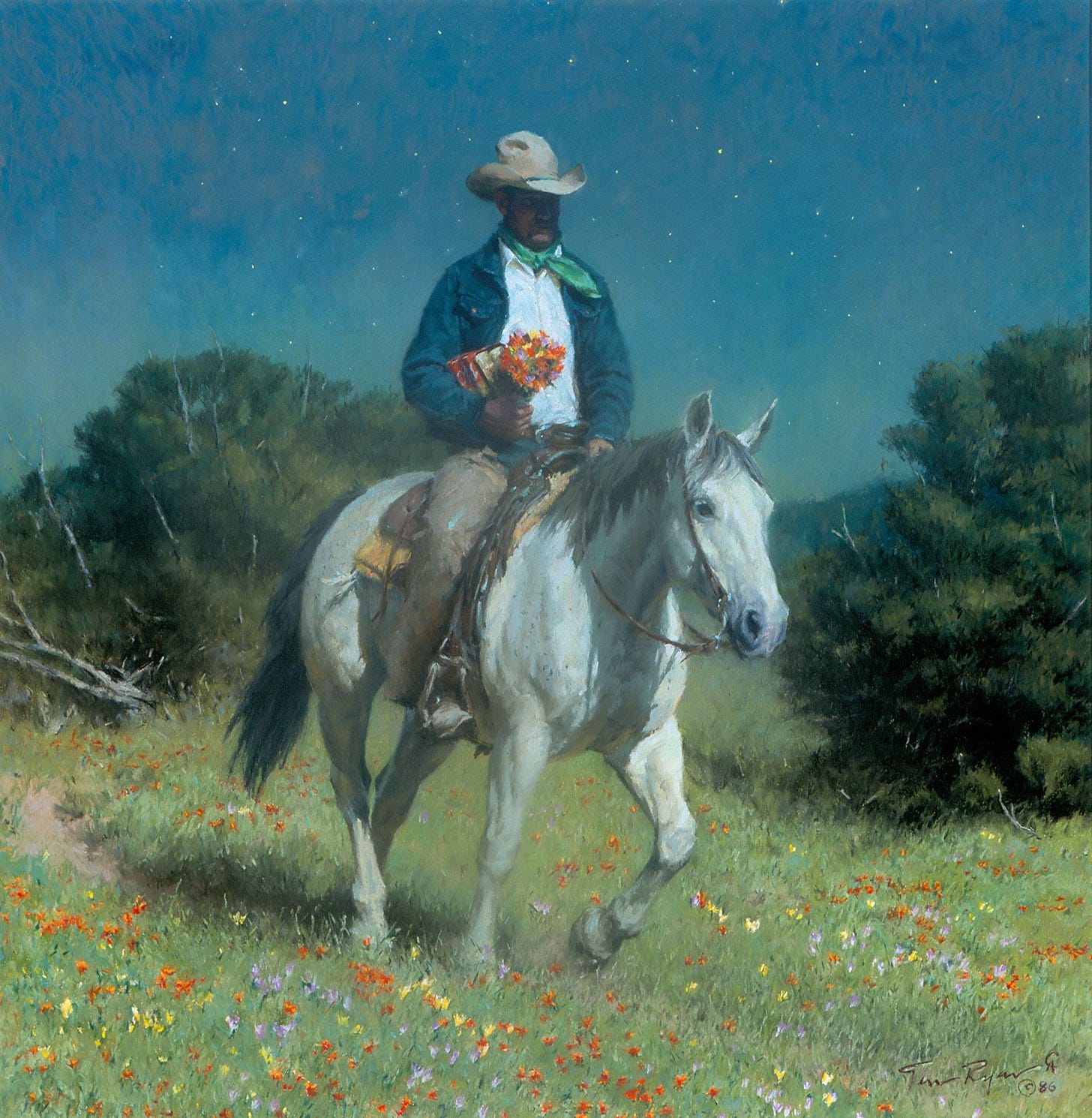 A painting of a cowboy on a white horse. He's holding a six pack of beer and a bouquet of flowers.