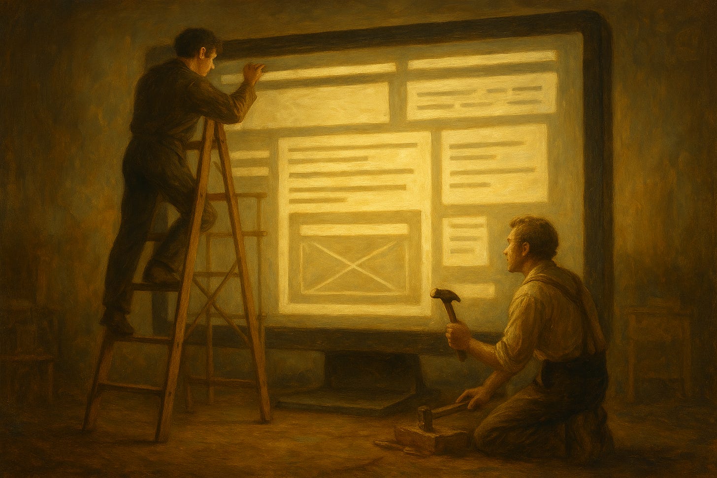 A painterly oil painting showing two people constructing a giant glowing website interface. One stands on a ladder painting oversized text boxes, while the other kneels below assembling the digital frame like a carpenter. The scene glows with warm golden light, blending realism and surrealism.