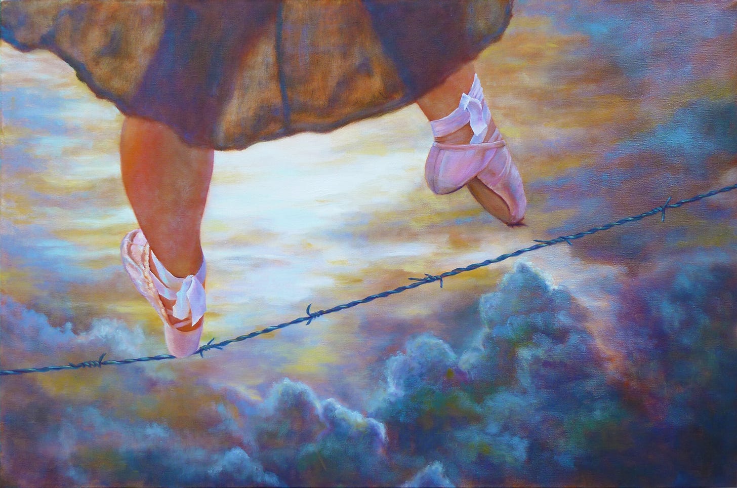 An oil painting depicting a ballerina wearing ballet slippers balancing on point on a barbed wire hovering above a stormy sky. Painted by Jennifer Cerutti in 2013