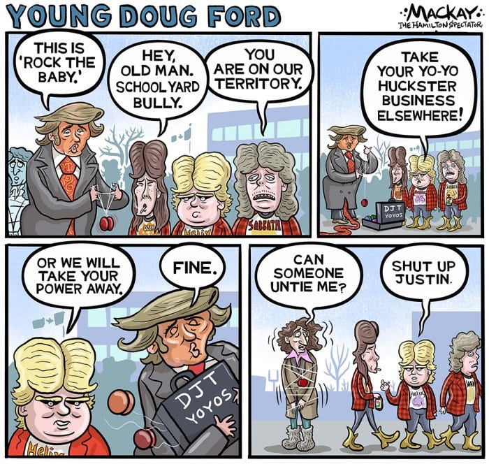 Young Doug Ford’s schoolyard standoff with a yoyo-wielding Donald Trump humorously mirrors Ford’s bold, risky tactics in modern politics.