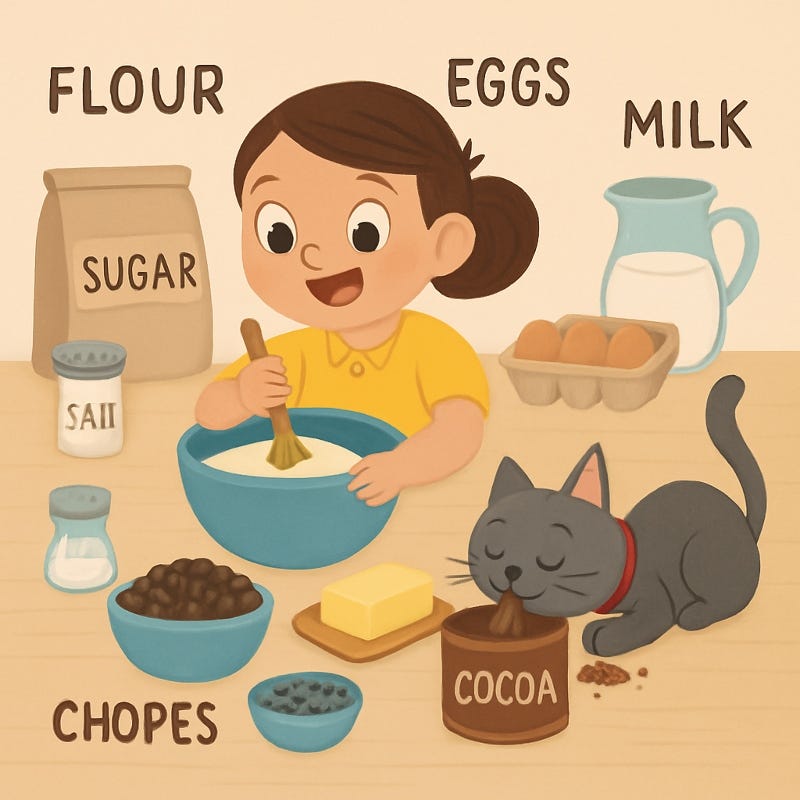 a colourful illustration of a little girl baking the cake showing while all the ingredients