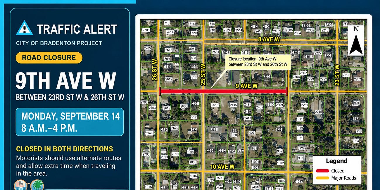 9th Avenue West in Bradenton to Close Monday for Utility Cut Patching