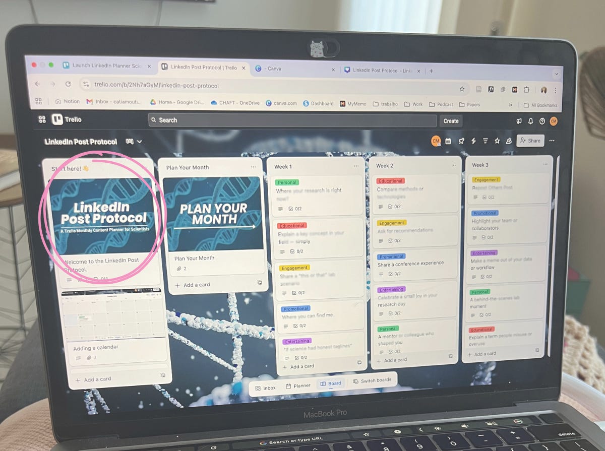 Laptop screen displaying the Trello board titled “LinkedIn Post Protocol,” a monthly content planner for scientists and researchers. The board includes sections such as “Start here,” “Plan Your Month,” and weekly content ideas categorized as Personal, Educational, Engagement, Promotional, and Entertaining posts.