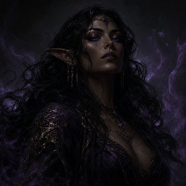 Dark fantasy portrait of a dusk-elf sorceress with raven-black hair, dusky skin, violet eyes, and elegant elven features, evoking but not resembling any real actress, shadowed and arcane