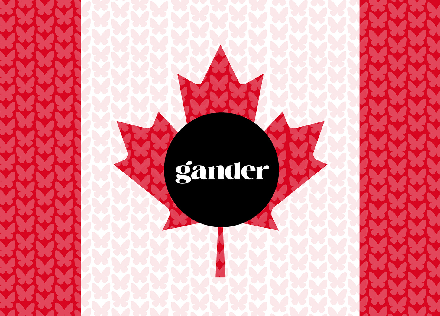 Canadian flag-inspired design with a red maple leaf containing a pattern of small red butterflies. A black circle in the center contains the word "gander" in white text. The flag's white center and red borders are also decorated with repeated butterfly silhouettes.