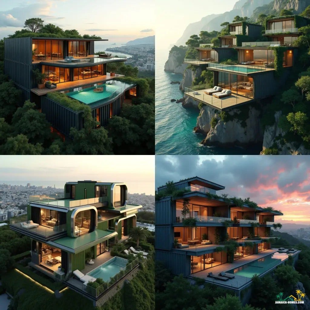 A luxurious, high-tech container module mansion with industrial chic and modern elegance, comprising four interconnected modules, spacious living area with protruding glass bay windows