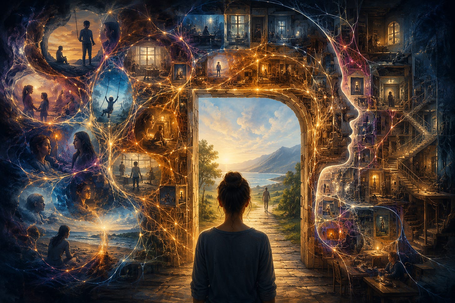 Surreal artwork of a person standing before an open doorway while interconnected memories, relationships, emotional scenes, and layered inner rooms form a vast neural-like structure around them, symbolising how repeated experience shapes personality and perception.